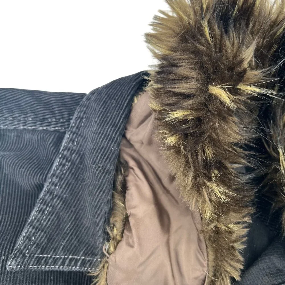 Women's Black Corduroy Jacket y2k Faux Fur Detachable Collar French Cuff Size PL
